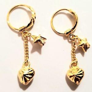 REAL GOLD 24K HEART STAR DANGLING EARRINGS